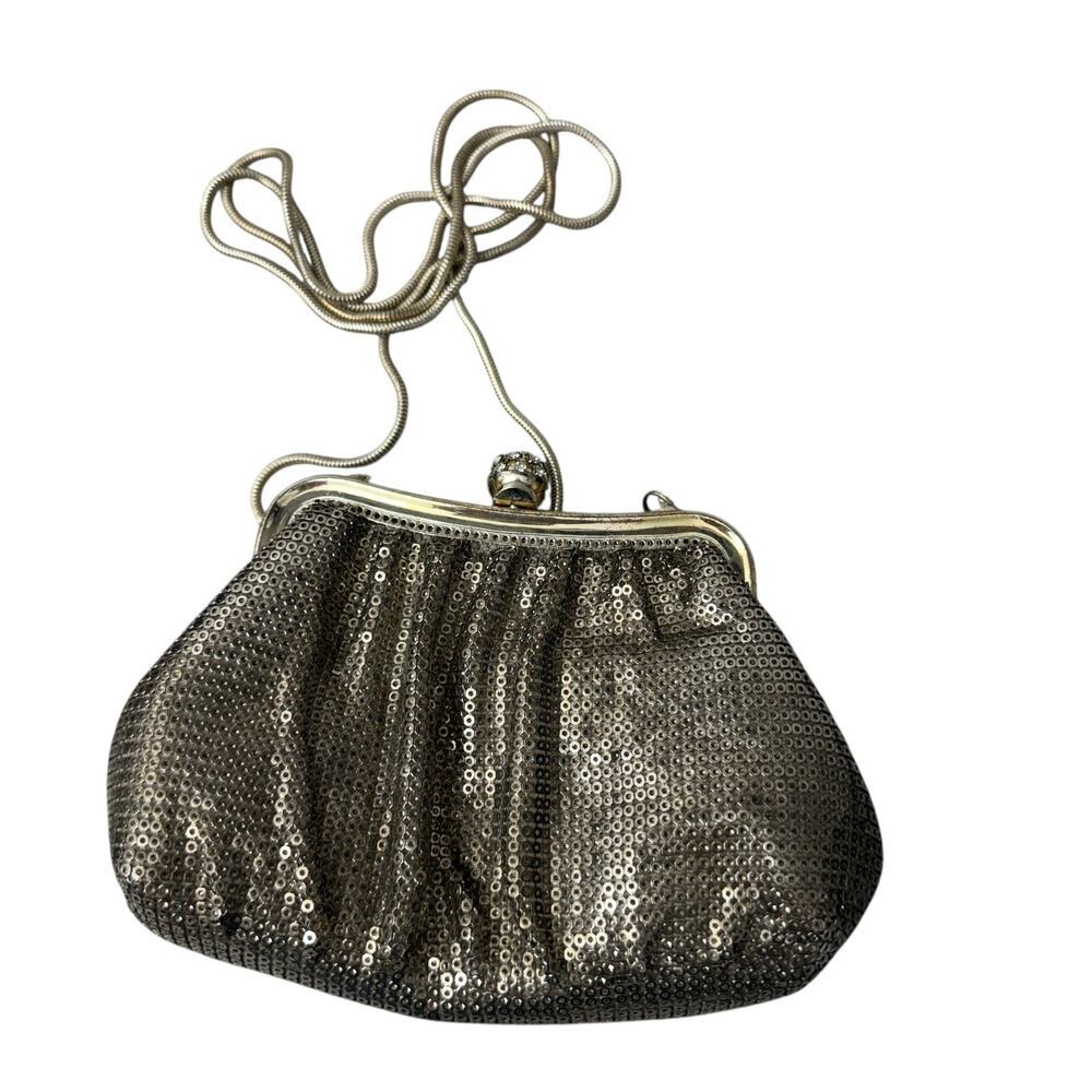 Vintage I. Magnin Evening Bag Silver Metallic Chain Rhinestones Womens Small